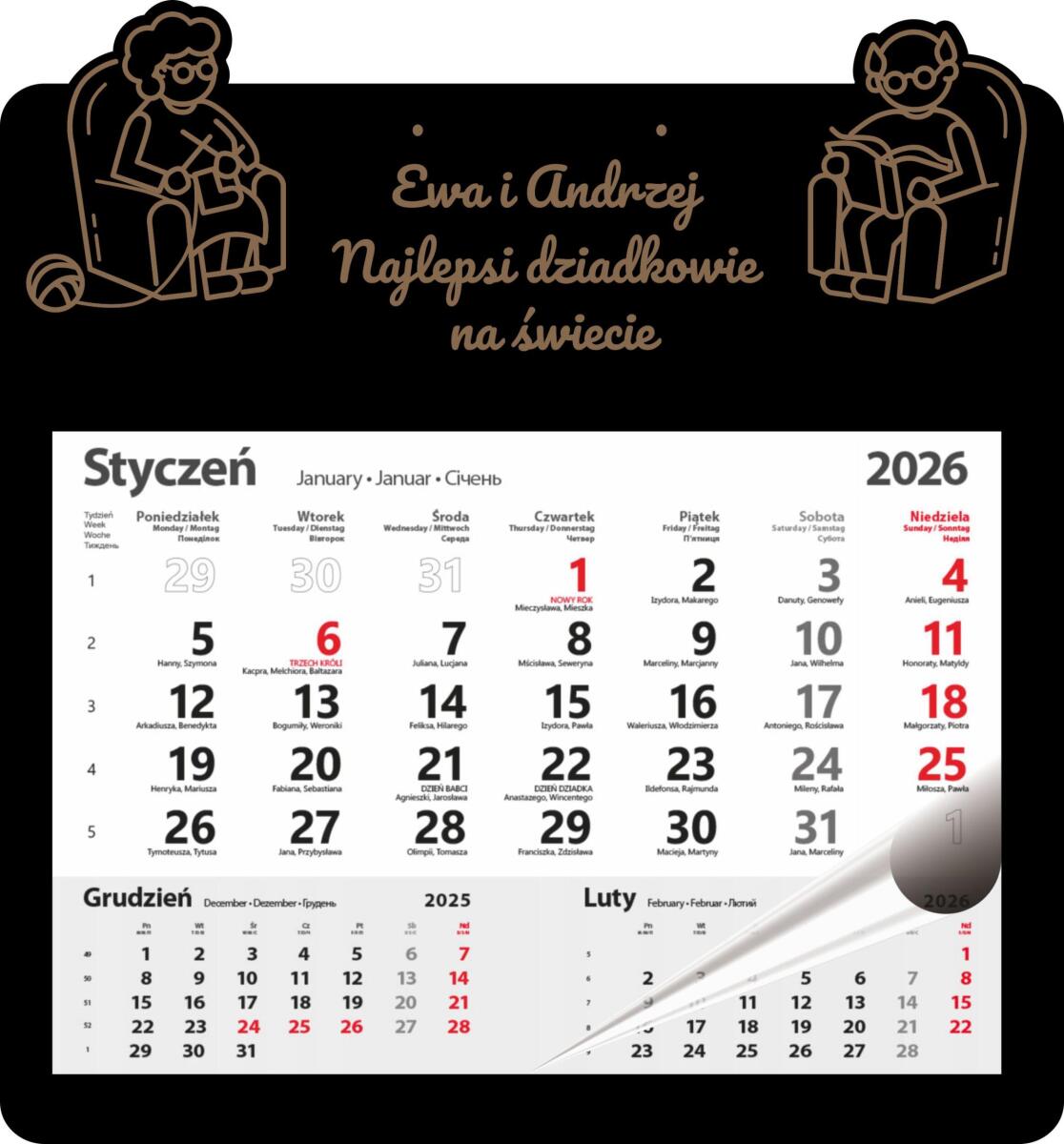 Personalizowany, grawerowany kalendarz na dzień babci i dziadka - dziadkowie w fotelach 81014