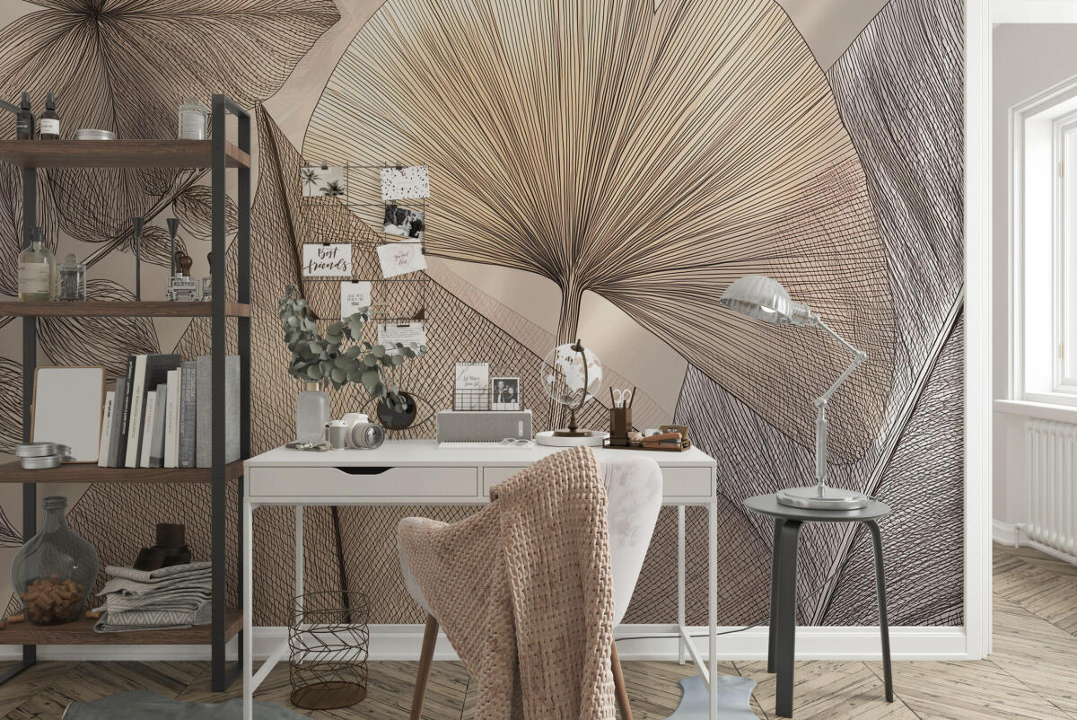 Stylowa Fototapeta biurowa- Liście Ginkgo w beżu | Elegancka Tapeta Line Art 64251 - zdjęcie 2