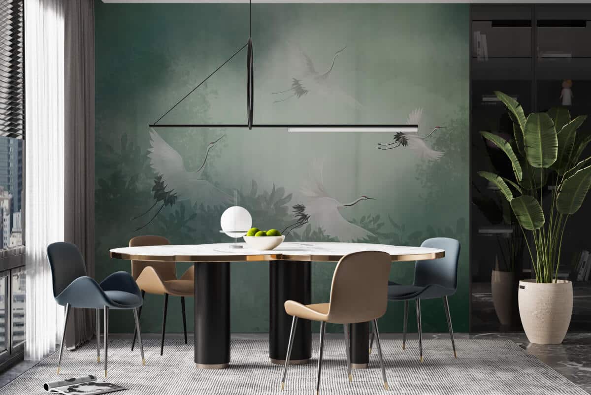 Zielona Fototapeta- Żurawie w mglistym lesie | Orientalna dekoracja ZEN 64255 - zdjęcie 2