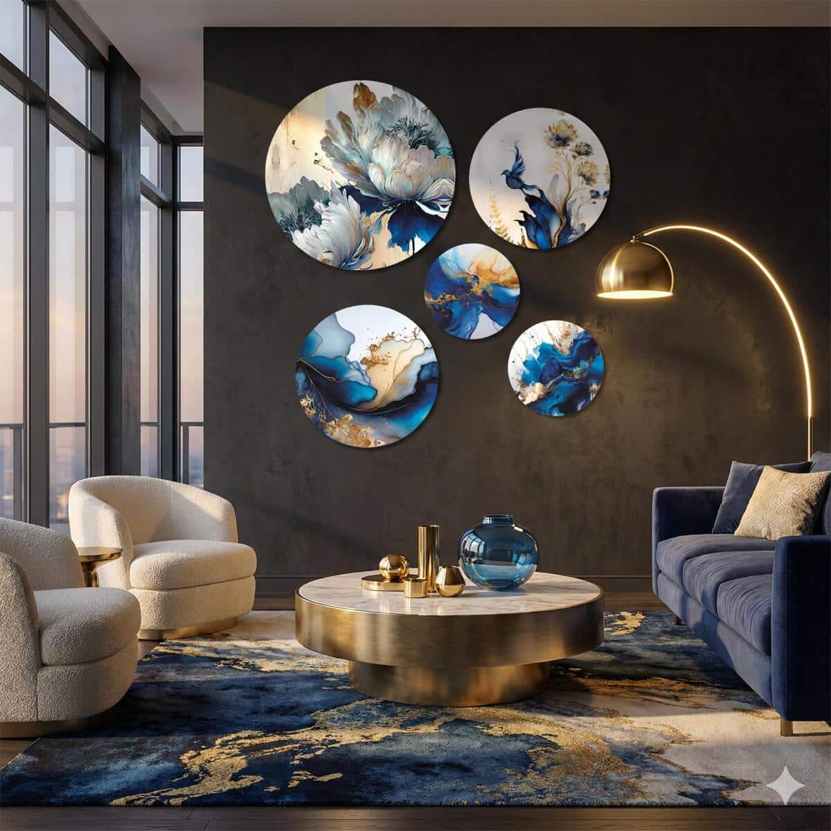 Eleganckie Okrągłe Obrazy– Niebiesko-Złota Abstrakcja i Kwiaty 3D 68231 - zdjęcie 4
