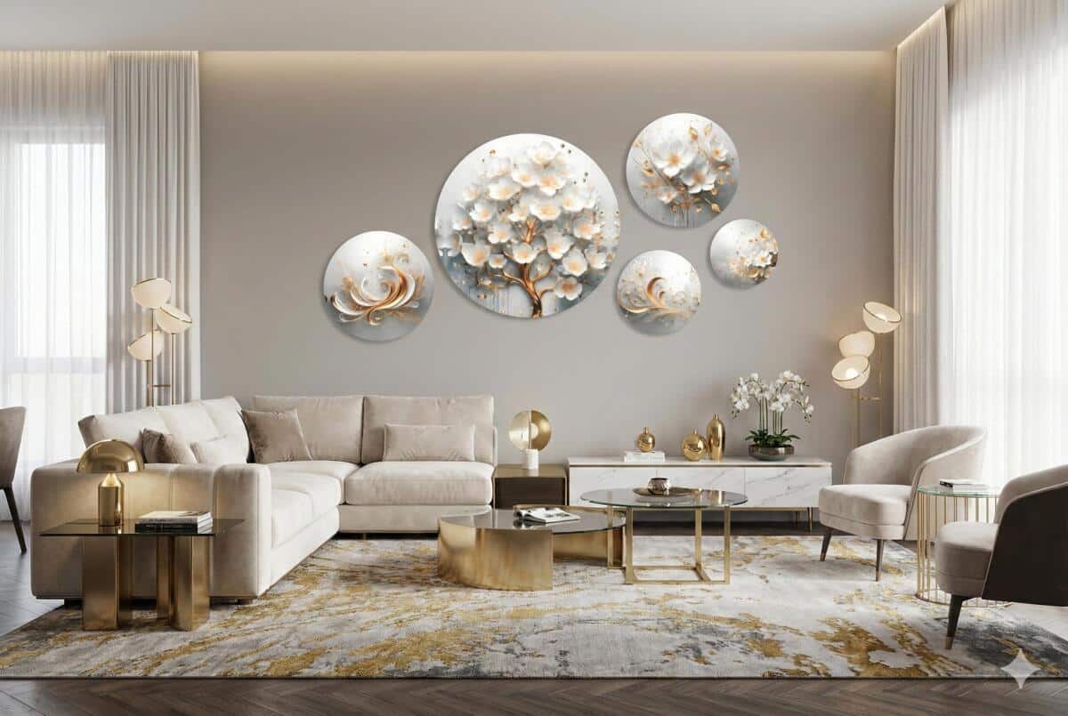 Obrazy Koła – Nowoczesny Zestaw Okrągłych Obrazów | Białe Kwiaty, Złote Akcenty 68235 - zdjęcie 5