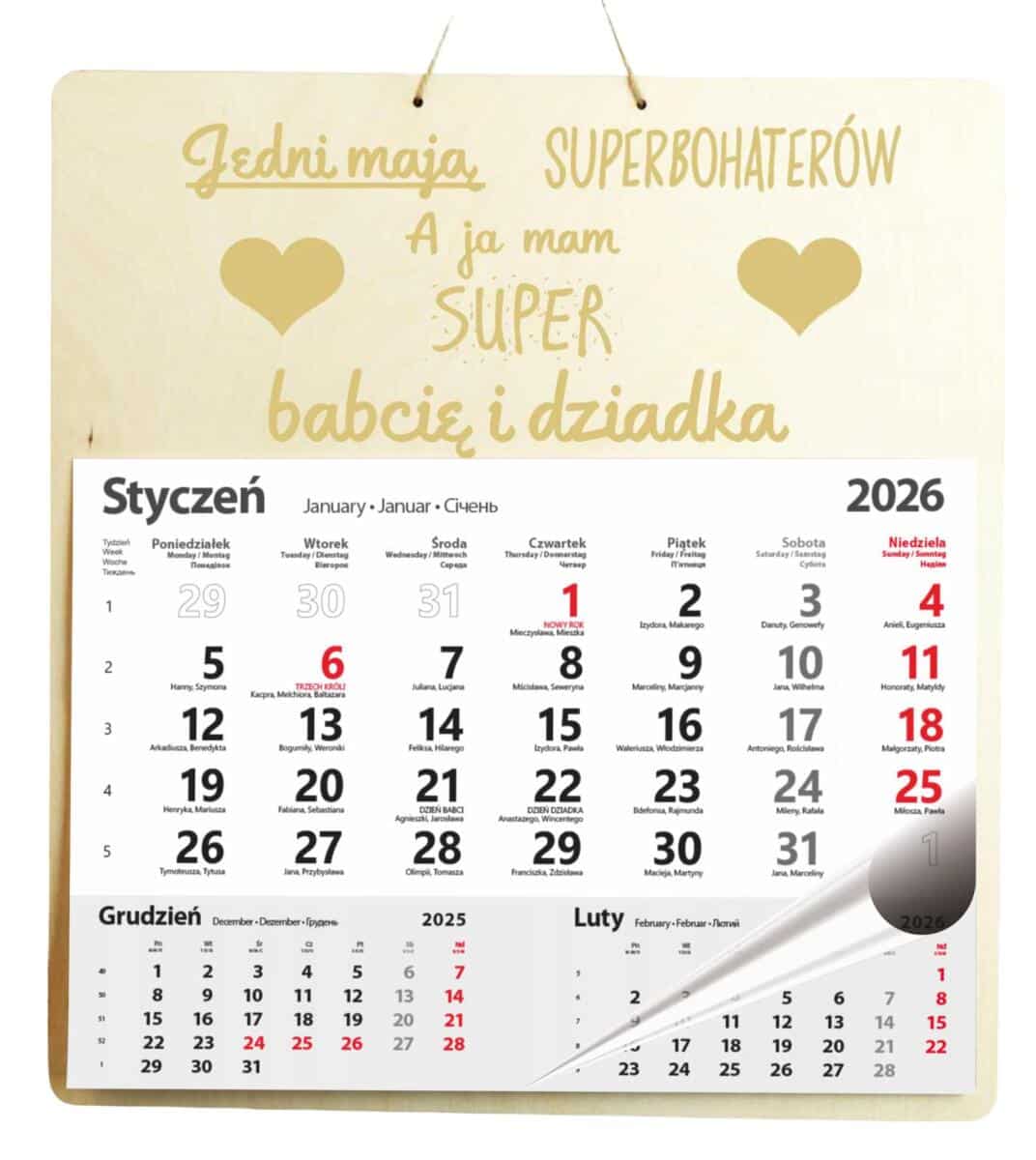 Drewniana, grawerowana zawieszka z kalendarzem, prezent Dzień Babci, Dzień Dziadka duża - od jednego wnuka 65606