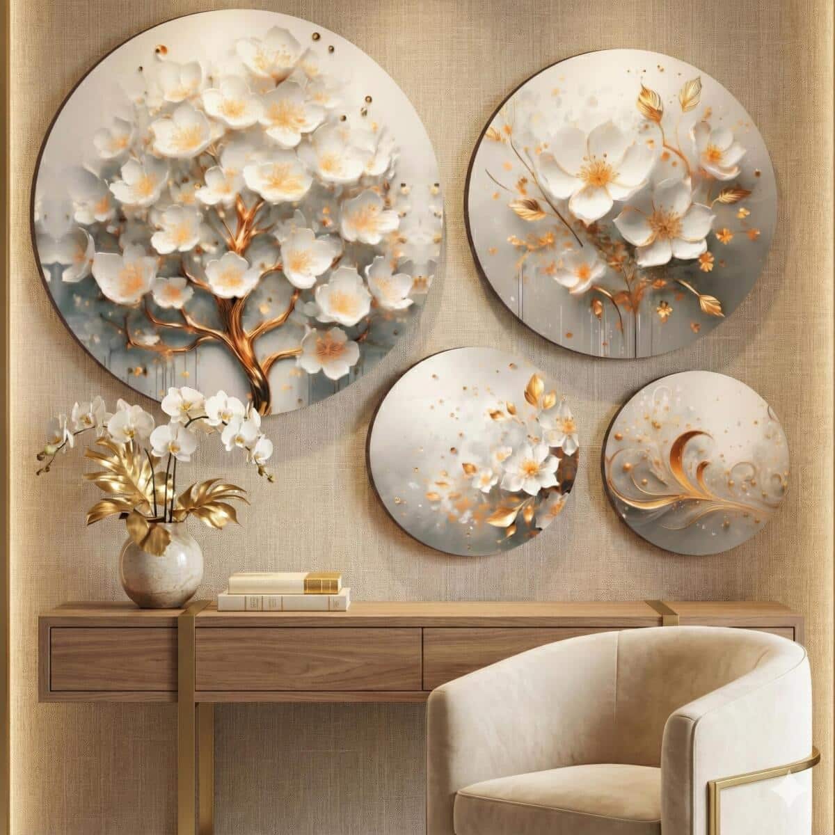 Obrazy Koła – Nowoczesny Zestaw Okrągłych Obrazów | Białe Kwiaty, Złote Akcenty 68235 - zdjęcie 4