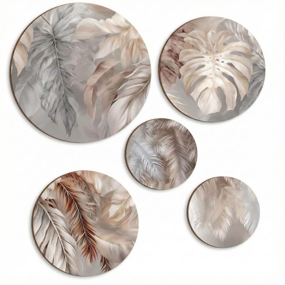 Obrazy Koła Boho z Liśćmi i Piórami | Okrągłe Obrazy Ścienne w Beżu 68240 - zdjęcie 1