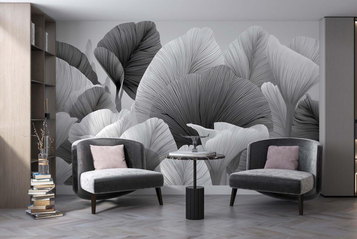 Czarno- biała Fototapeta- Artystyczne Liście | Subtelna, Stylowa Tapeta do salonu beauty, gabinetu 64252 - zdjęcie 2