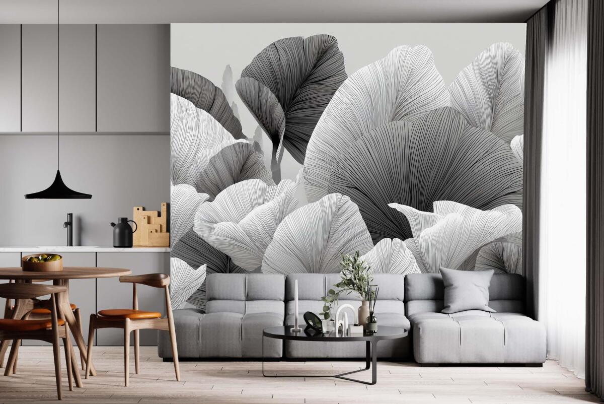 Czarno- biała Fototapeta- Artystyczne Liście | Subtelna, Stylowa Tapeta do salonu beauty, gabinetu 64252 - zdjęcie 1