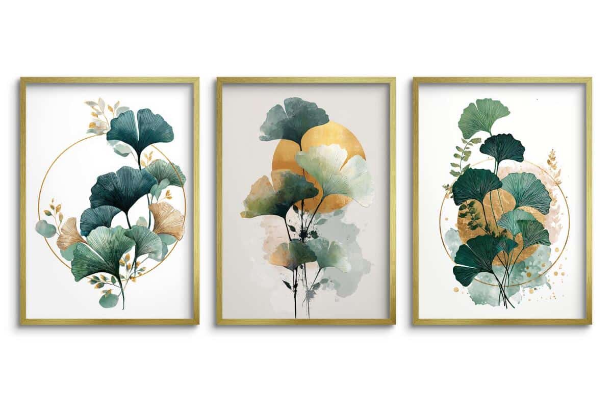Plakaty z Liśćmi Miłorzębu- Złote Akcenty i Akwarela | Elegancki Tryptyk roślinny 82339 - zdjęcie 5