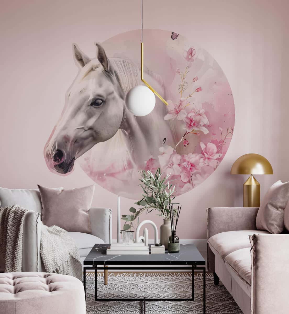 Okrągła Fototapeta 3D- Koń w różowych kwiatach | Tapeta w kształcie koła 82341 - zdjęcie 2