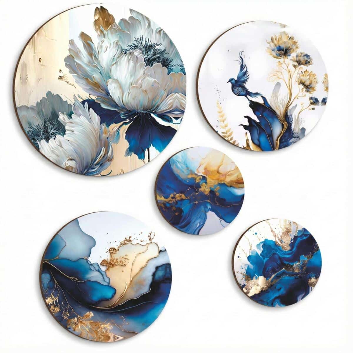 Eleganckie Okrągłe Obrazy– Niebiesko-Złota Abstrakcja i Kwiaty 3D 68231 - zdjęcie 1