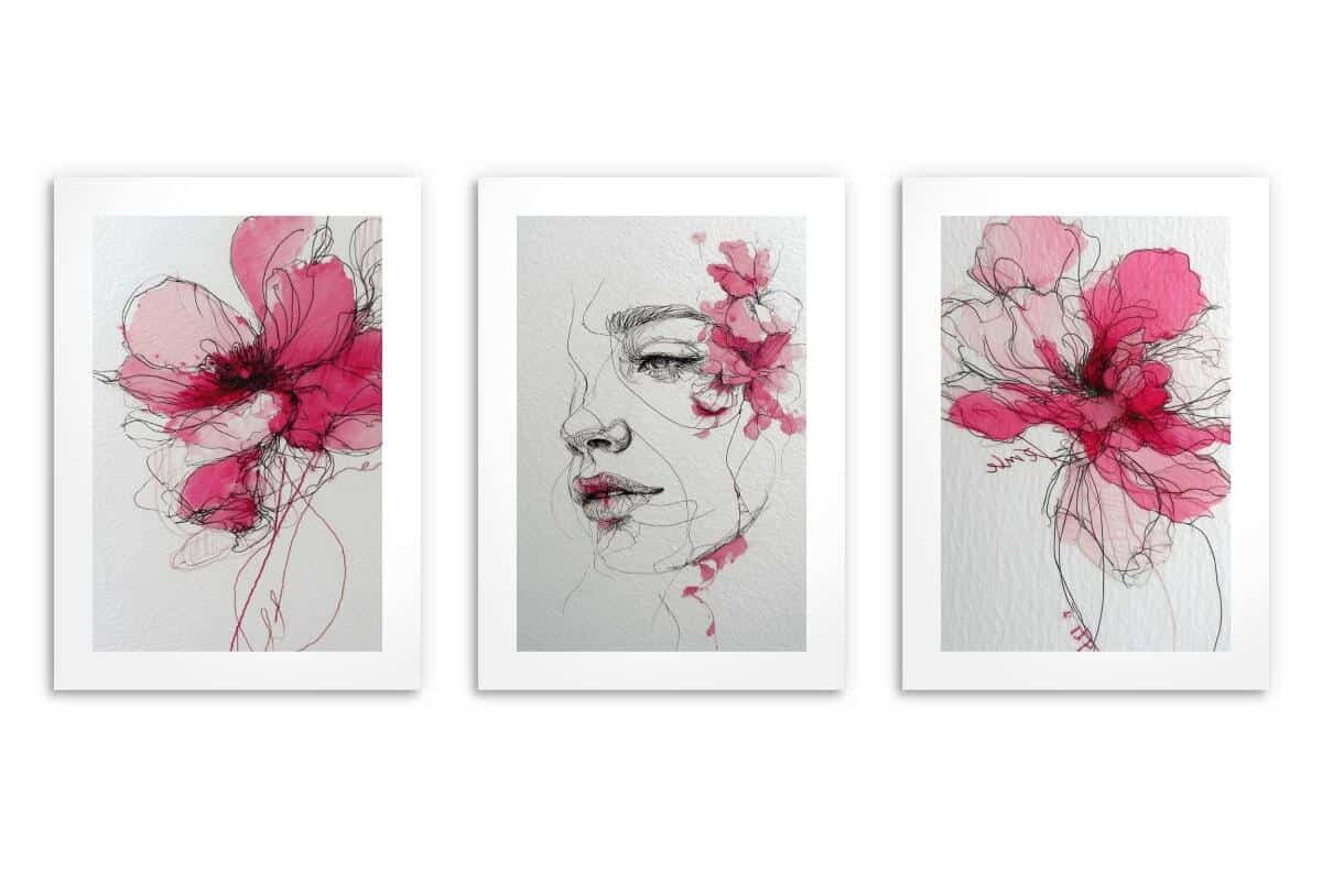 Artystyczne Plakaty- Kobieca Twarz wśród różowych kwiatów | Line Art i Akwarela 82340 - zdjęcie 8