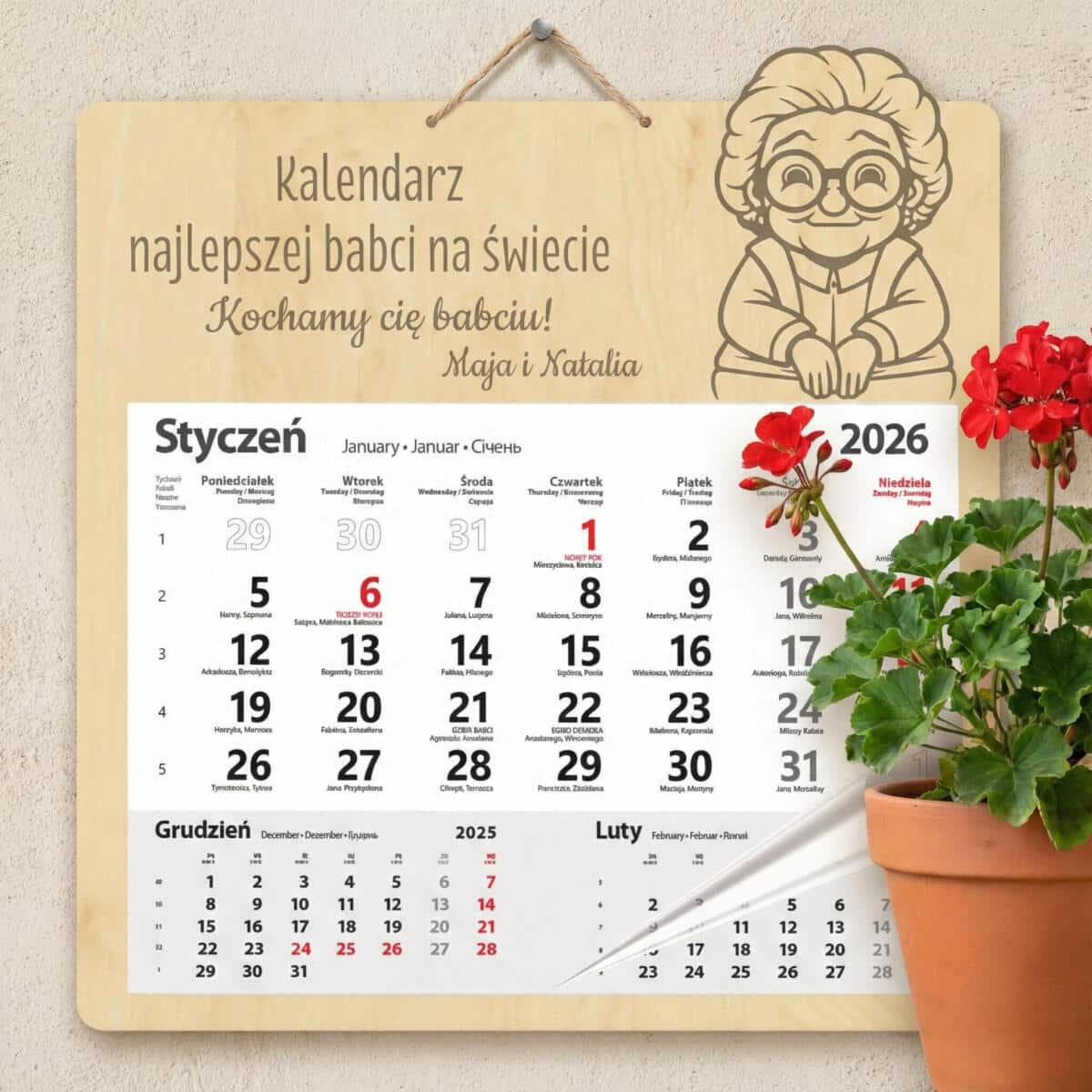 Personalizowany, grawerowany kalendarz dla babci z imionami wnuków - prezent na Dzień Babci, urodziny, święta 81026 - zdjęcie 3