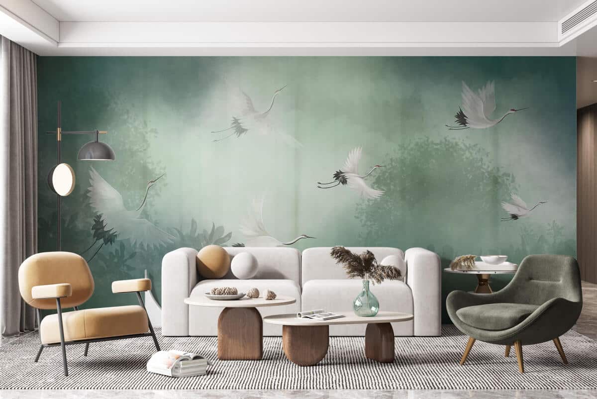 Zielona Fototapeta- Żurawie w mglistym lesie | Orientalna dekoracja ZEN 64255