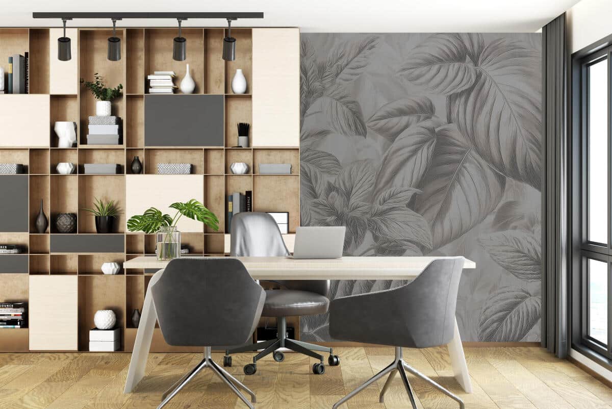 Dekoracyjna fototapeta do salonu i biura– subtelne liście w szarości i beżu 64254 - zdjęcie 3