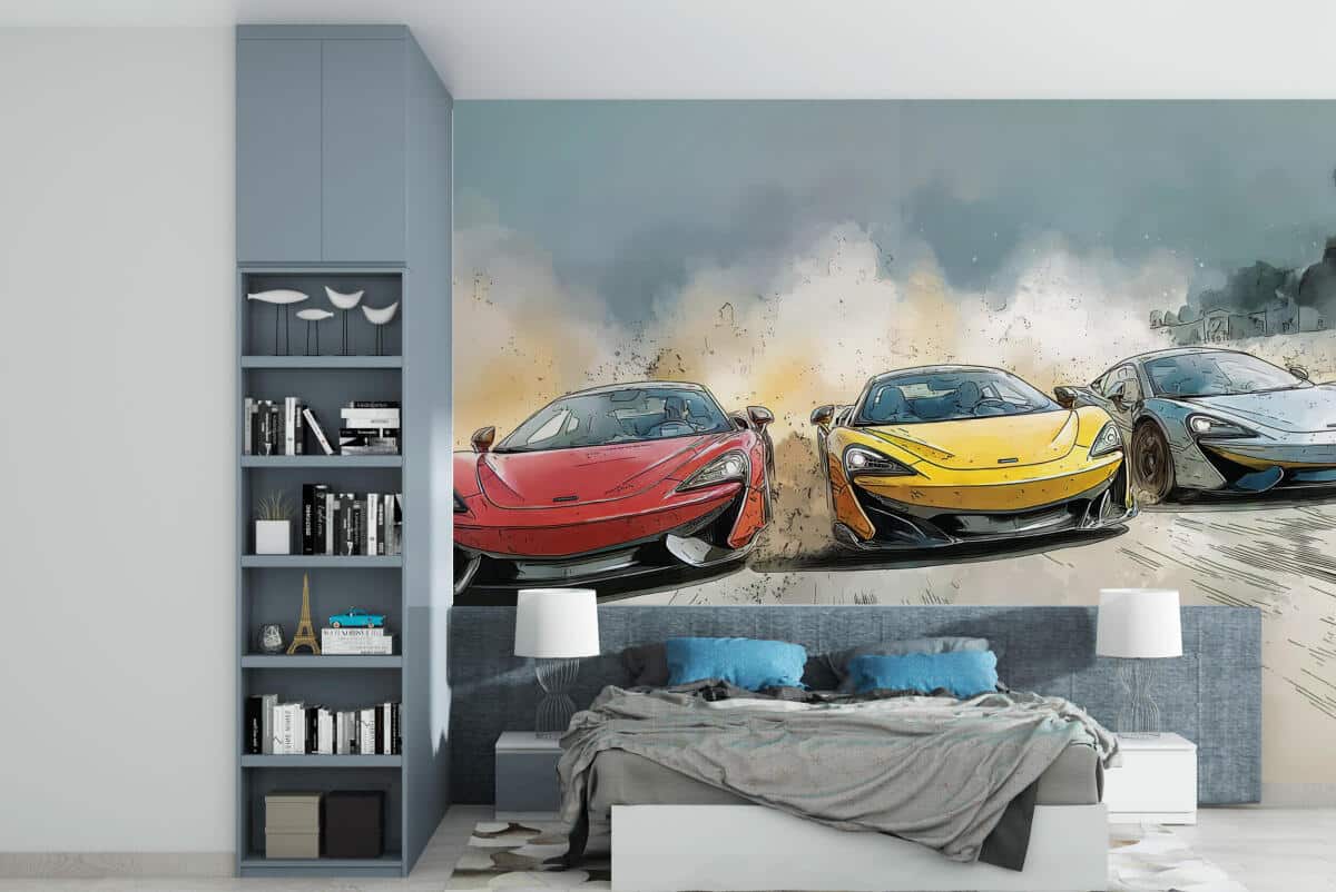 Fototapeta młodzieżowa – Wyścig sportowych samochodów | Kolorowy styl komiksowy 64240 - zdjęcie 3