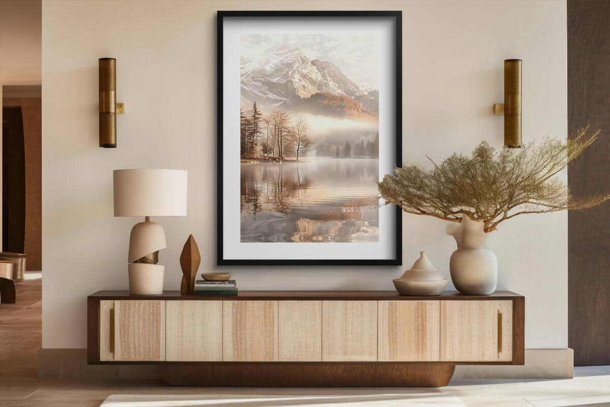 Plakat Góry i Jezioro- Zamglony Krajobraz w beżu i brązie 70x100cm 61771 - zdjęcie 5