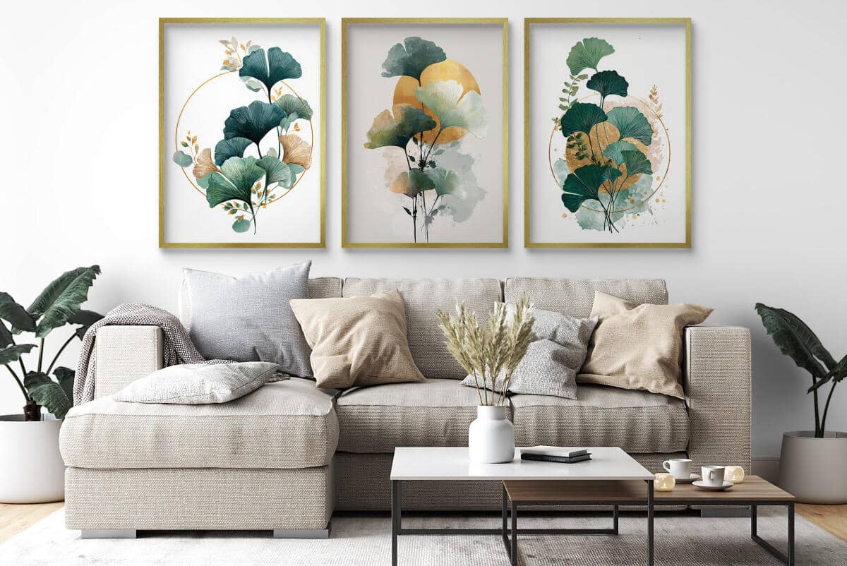 Plakaty z Liśćmi Miłorzębu- Złote Akcenty i Akwarela | Elegancki Tryptyk roślinny 82339 - zdjęcie 3