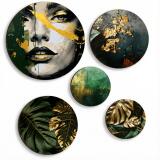 Ekskluzywne Obrazy Koła – Tropikalne Złote Liście i Abstrakcyjna Twarz | Zieleń i Złoto w stylu Glamour 68230 - miniaturka 1