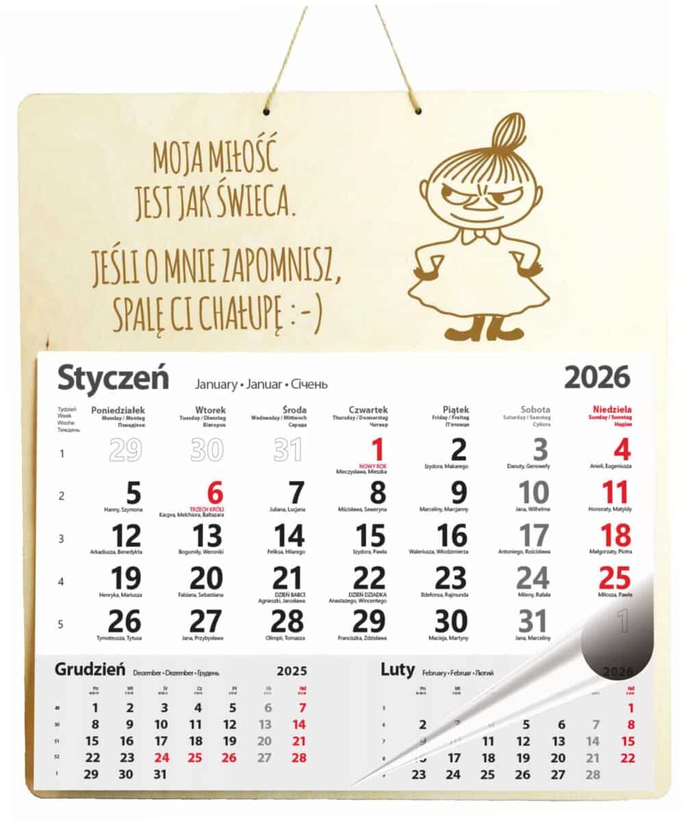 Drewniana, grawerowana zawieszka z kalendarzem, prezent Walentynki, Dzień Zakochanych, duża 65607