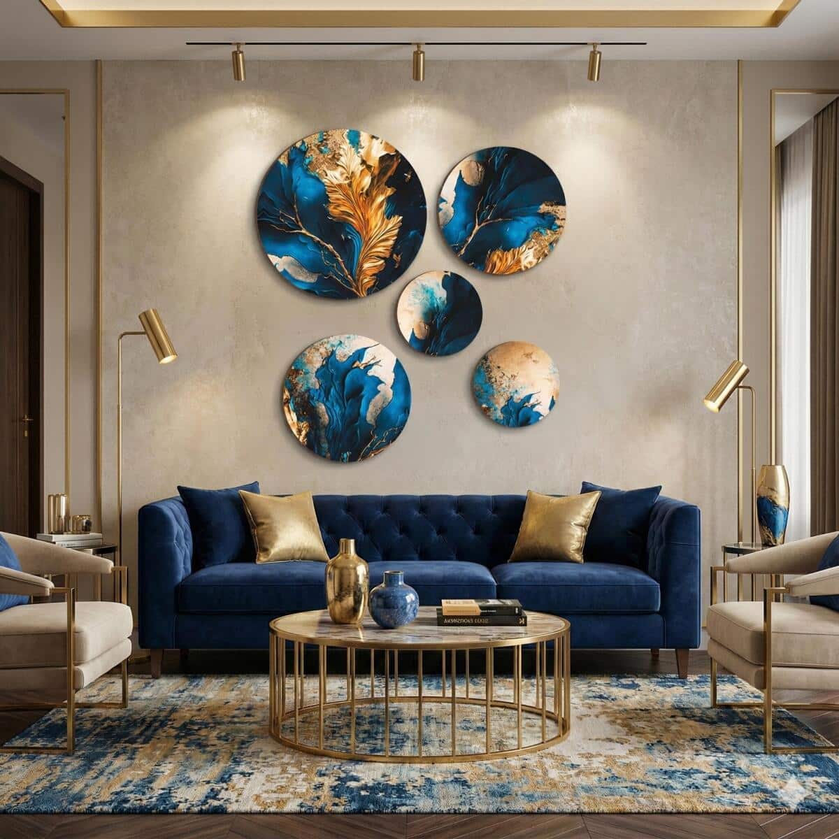 Nowoczesna dekoracja ścienna- Okrągłe obrazy | Elegancka Abstrakcja- Kobalt i złoto 68225 - zdjęcie 9