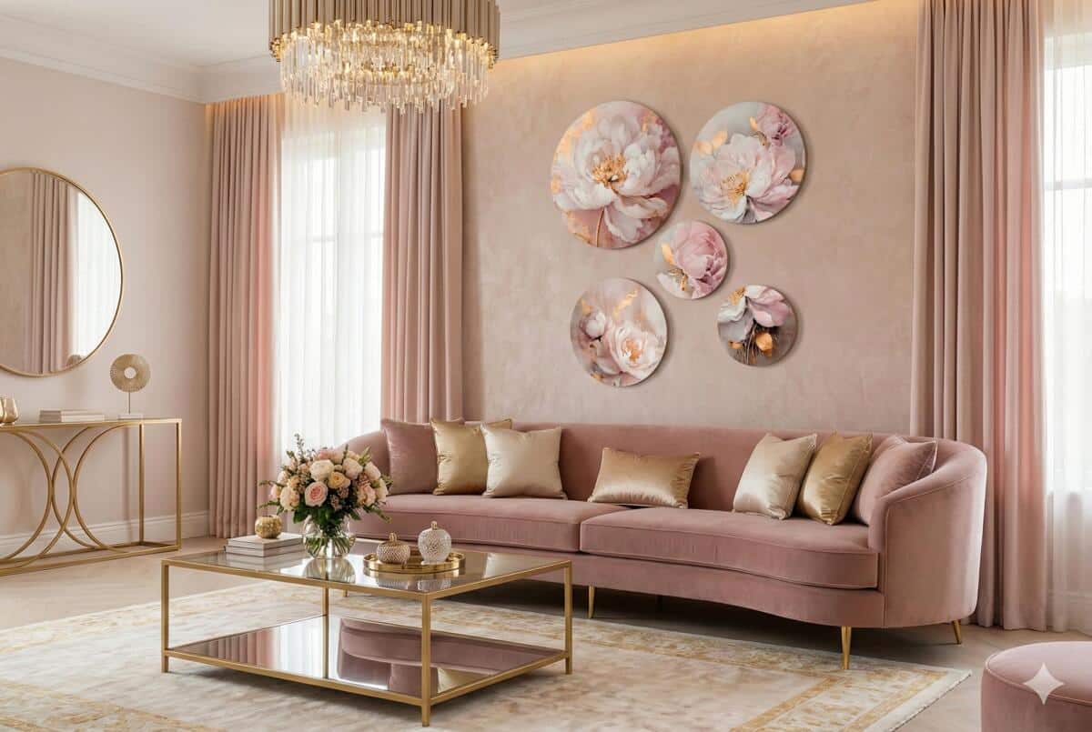 Okrągłe obrazy na ścianę- Kwiaty Glamour w różu i złocie 68224 - zdjęcie 2