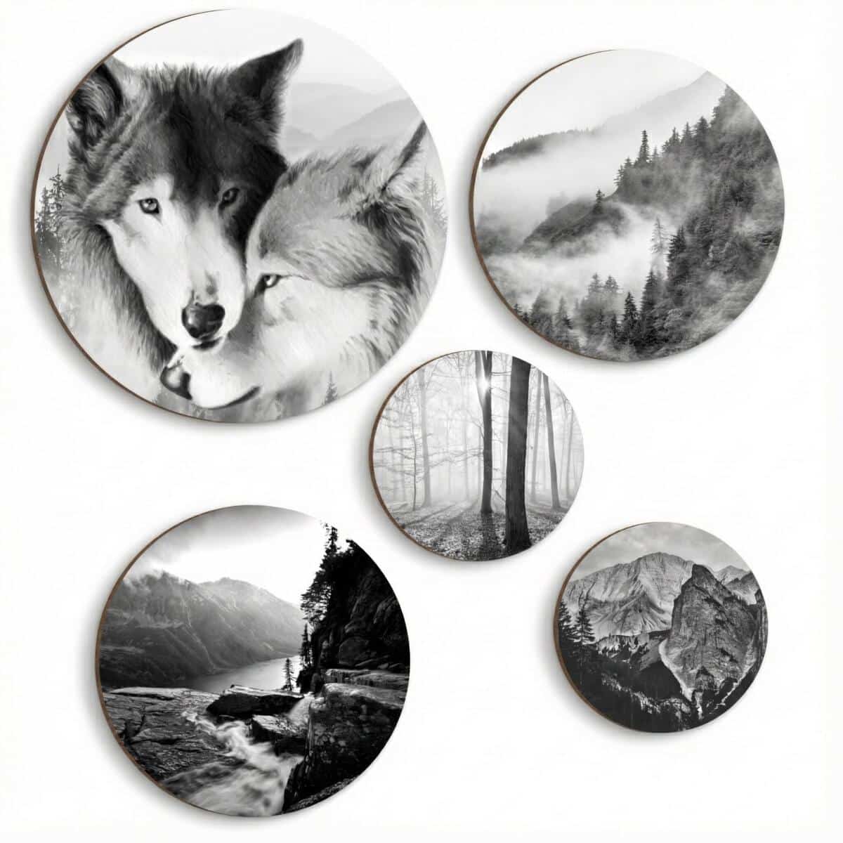 Nowoczesne Obrazy Koła – Wilki, Góry i Las we Mgle | Czarno-Biała Dekoracja w Stylu Skandynawskim 68228 - zdjęcie 1