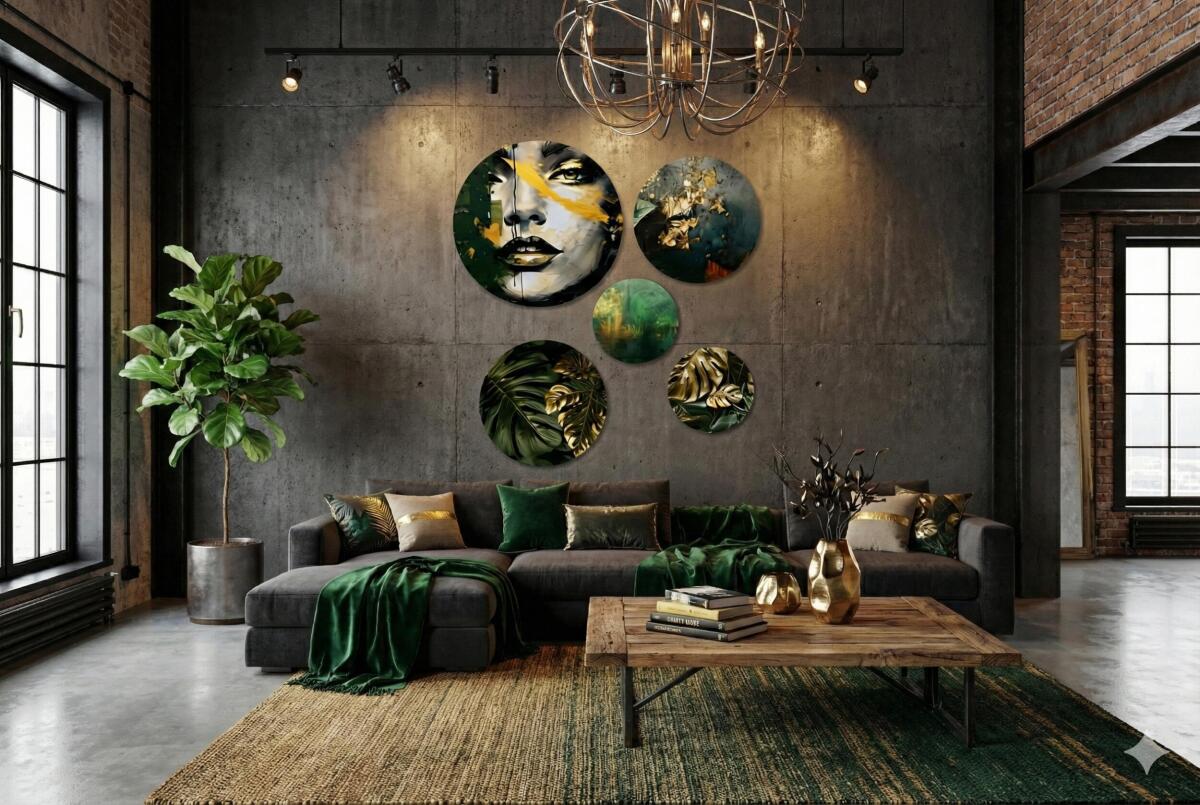 Ekskluzywne Obrazy Koła – Tropikalne Złote Liście i Abstrakcyjna Twarz | Zieleń i Złoto w stylu Glamour 68230 - zdjęcie 7