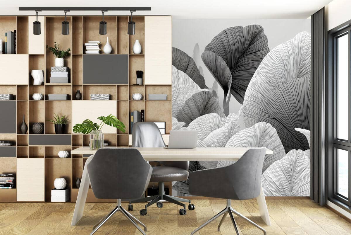 Czarno- biała Fototapeta- Artystyczne Liście | Subtelna, Stylowa Tapeta do salonu beauty, gabinetu 64252 - zdjęcie 3