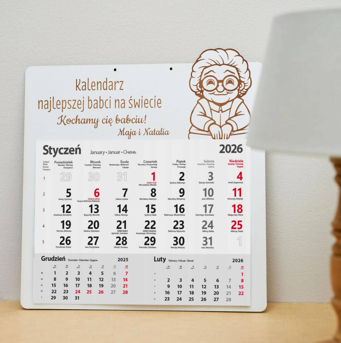 Personalizowany, grawerowany kalendarz dla babci z imionami wnuków - prezent na Dzień Babci, urodziny, święta 81006