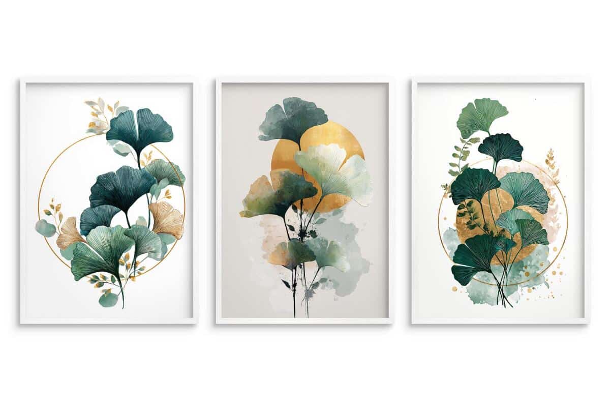 Plakaty z Liśćmi Miłorzębu- Złote Akcenty i Akwarela | Elegancki Tryptyk roślinny 82339 - zdjęcie 6