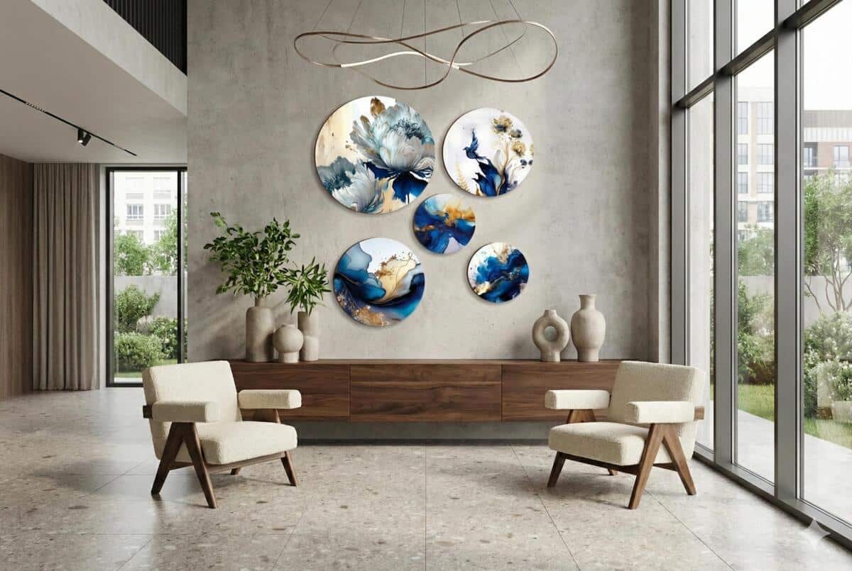 Eleganckie Okrągłe Obrazy– Niebiesko-Złota Abstrakcja i Kwiaty 3D 68231 - zdjęcie 6