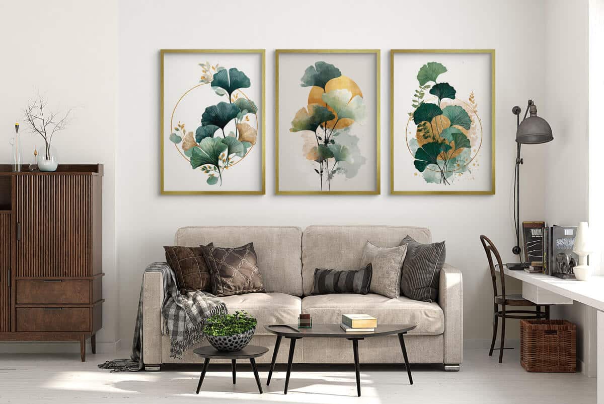 Plakaty z Liśćmi Miłorzębu- Złote Akcenty i Akwarela | Elegancki Tryptyk roślinny 82339 - zdjęcie 4