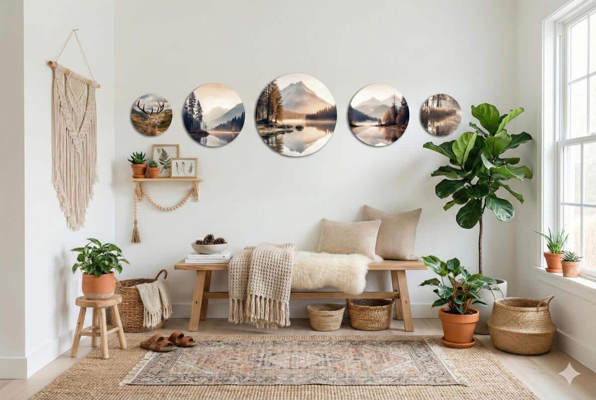 Okrągłe Obrazy Natura – Góry i Las | Pejzaż w stylu skandynawskim, boho 68244 - zdjęcie 3