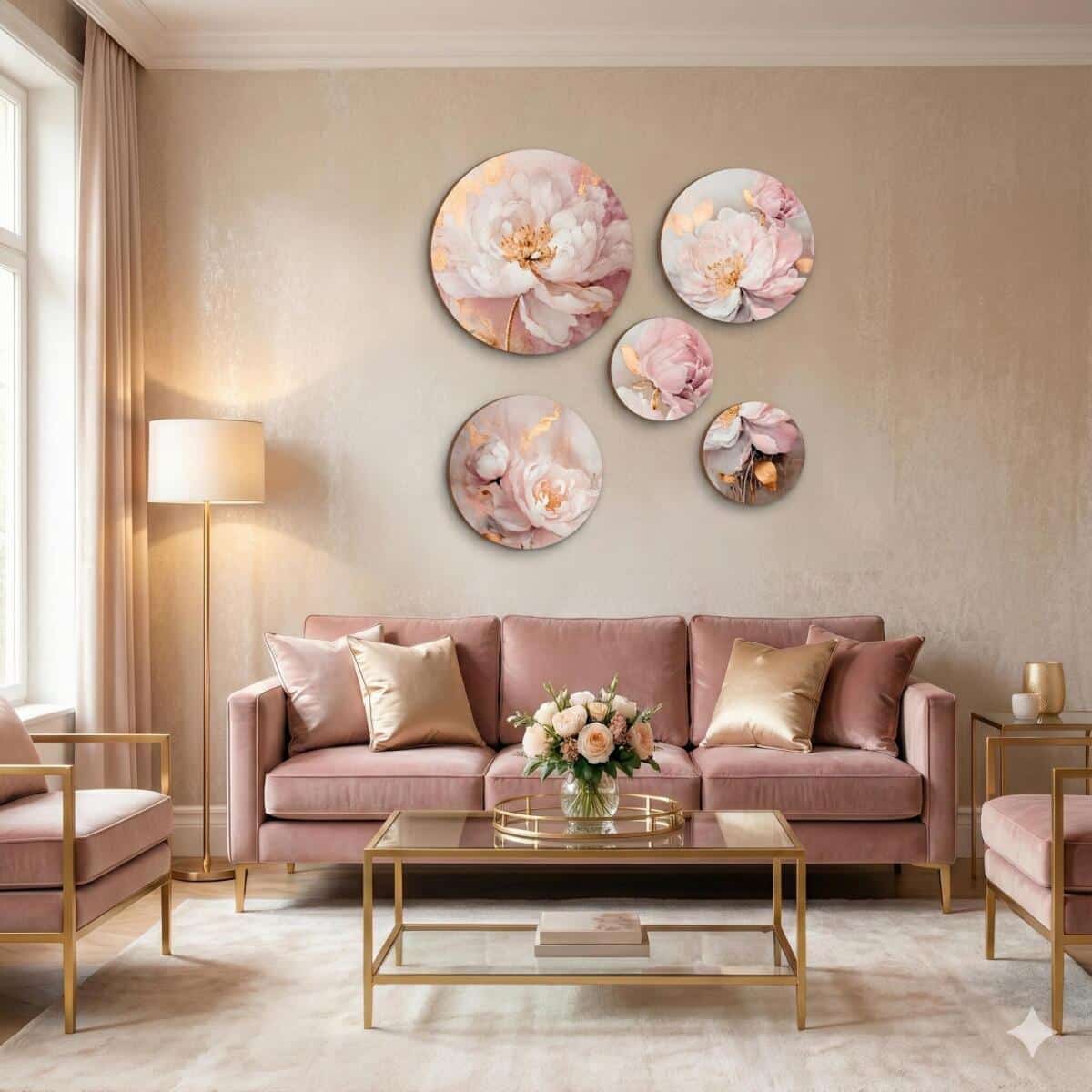 Okrągłe obrazy na ścianę- Kwiaty Glamour w różu i złocie 68224 - zdjęcie 8