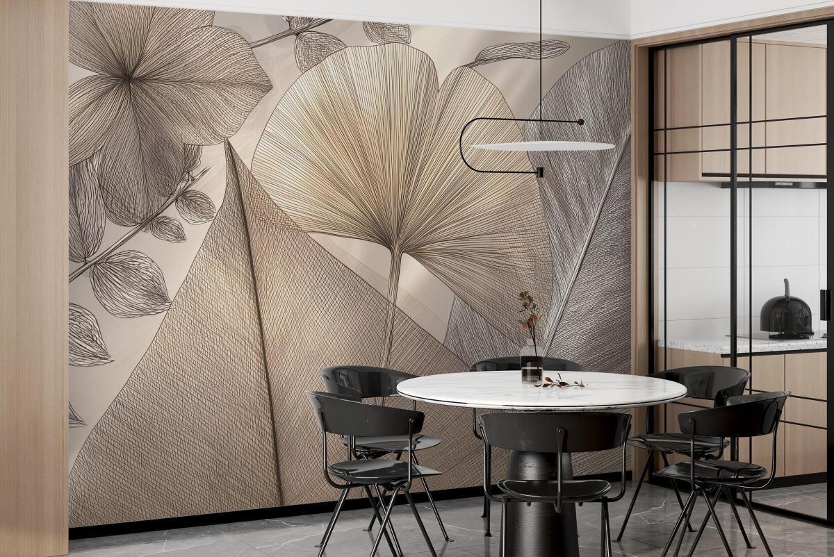 Stylowa Fototapeta biurowa- Liście Ginkgo w beżu | Elegancka Tapeta Line Art 64251 - zdjęcie 1