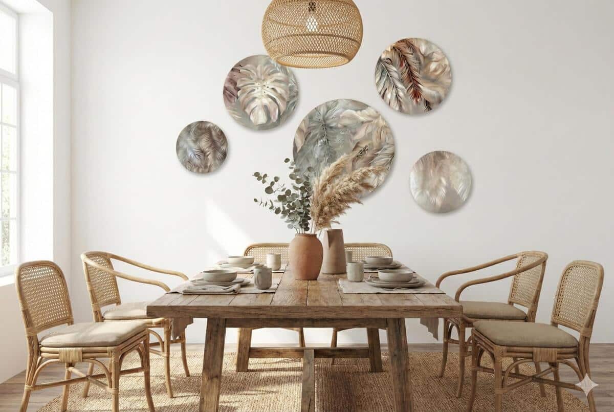 Obrazy Koła Boho z Liśćmi i Piórami | Okrągłe Obrazy Ścienne w Beżu 68240 - zdjęcie 5