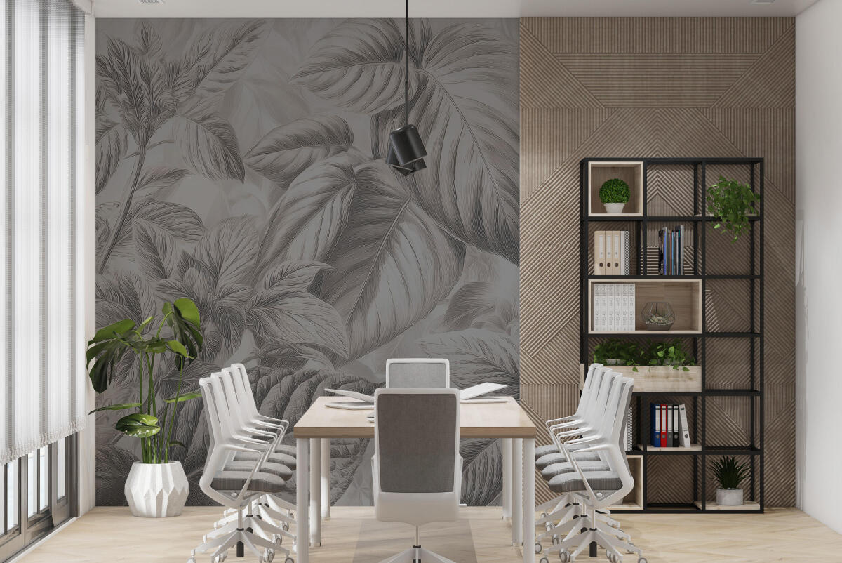 Dekoracyjna fototapeta do salonu i biura– subtelne liście w szarości i beżu 64254 - zdjęcie 4