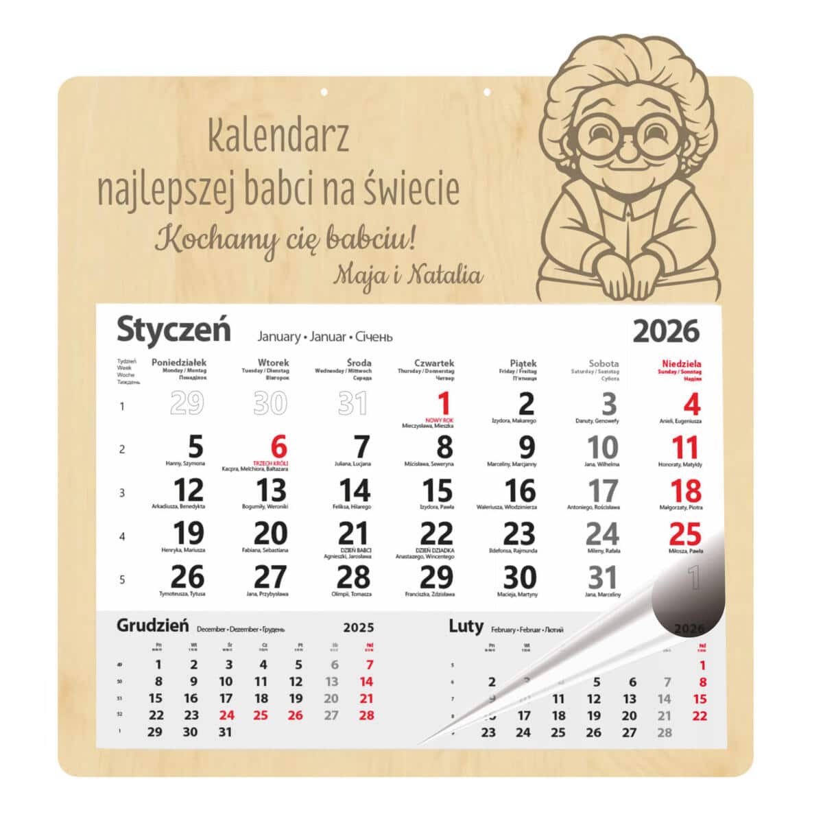 Personalizowany, grawerowany kalendarz dla babci z imionami wnuków - prezent na Dzień Babci, urodziny, święta 81026