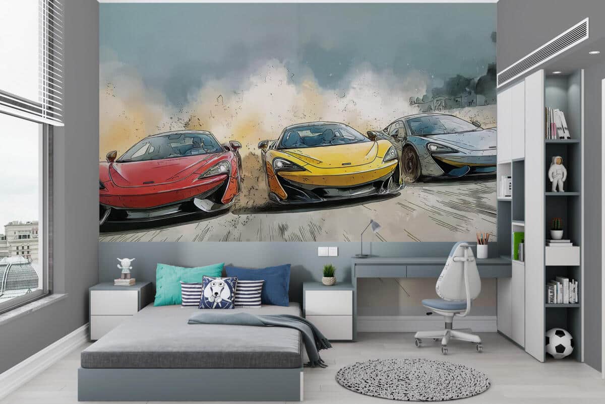 Fototapeta młodzieżowa – Wyścig sportowych samochodów | Kolorowy styl komiksowy 64240 - zdjęcie 1