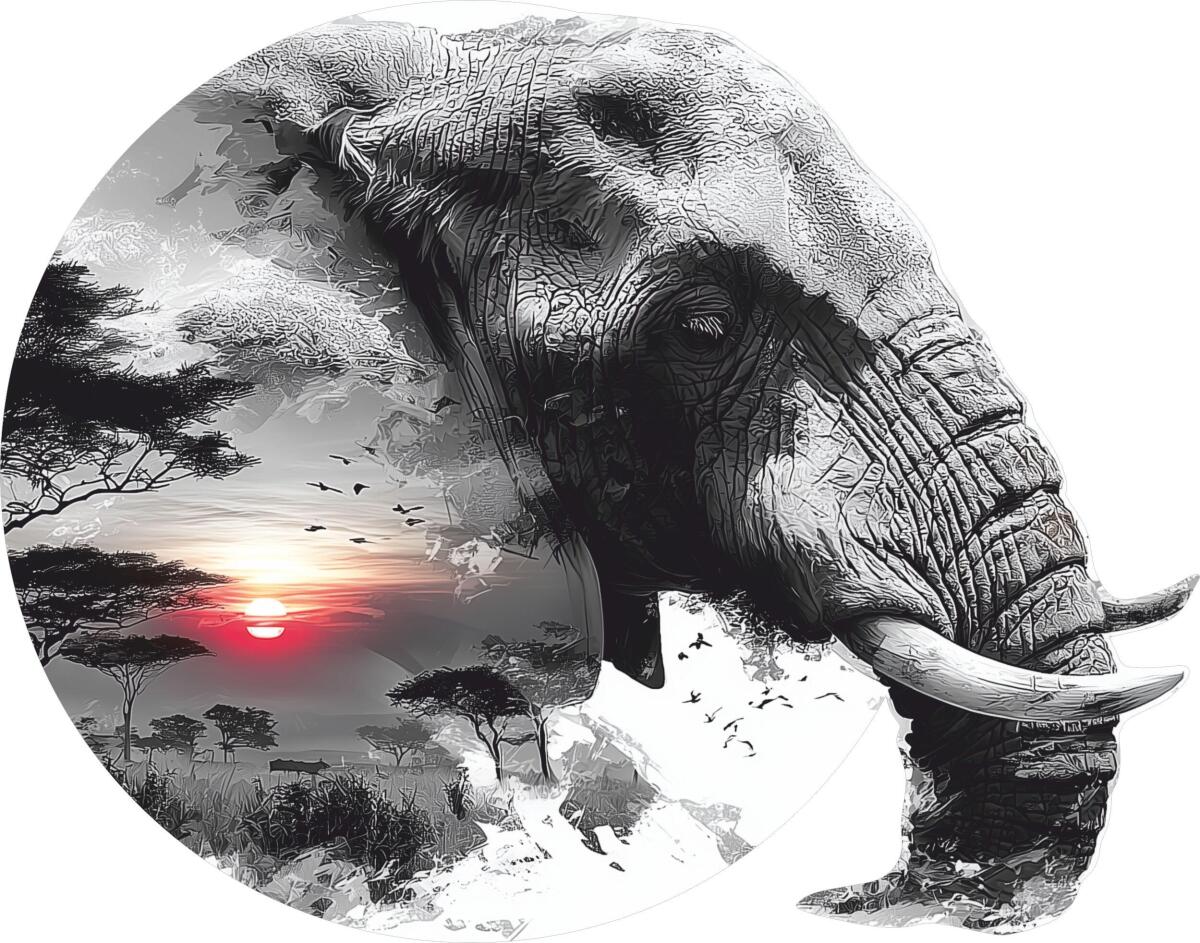 Okrągła Fototapeta 3D – Słoń na Sawannie | Krajobraz Afryki i Zachód Słońca 82344 - zdjęcie 4