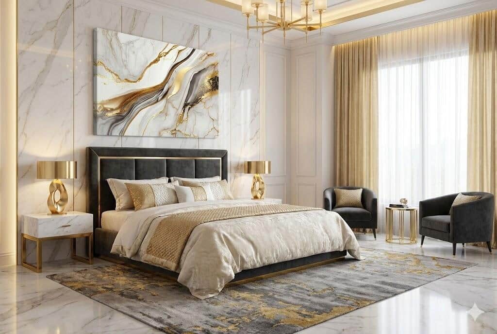 Nowoczesny Obraz na ścianę- Marmur w bieli i złocie | Dekoracja do wnętrz Glamour 68237 - zdjęcie 6