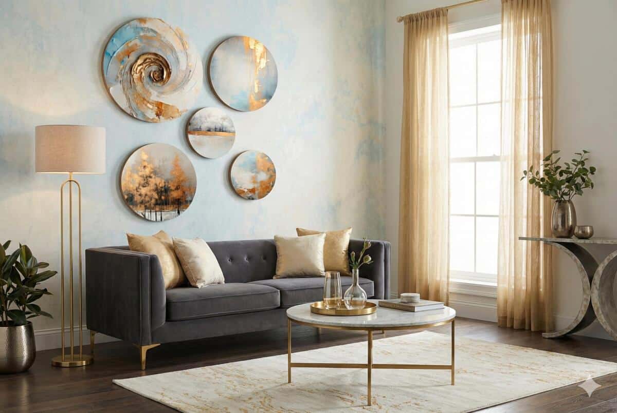 Abstrakcyjne Okrągłe Obrazy na ścianę- Abstrakcyjna Kompozycja w Odcieniach Złota 68233 - zdjęcie 5