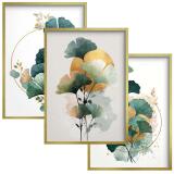 Plakaty z Liśćmi Miłorzębu- Złote Akcenty i Akwarela | Elegancki Tryptyk roślinny 82339 - miniaturka 1