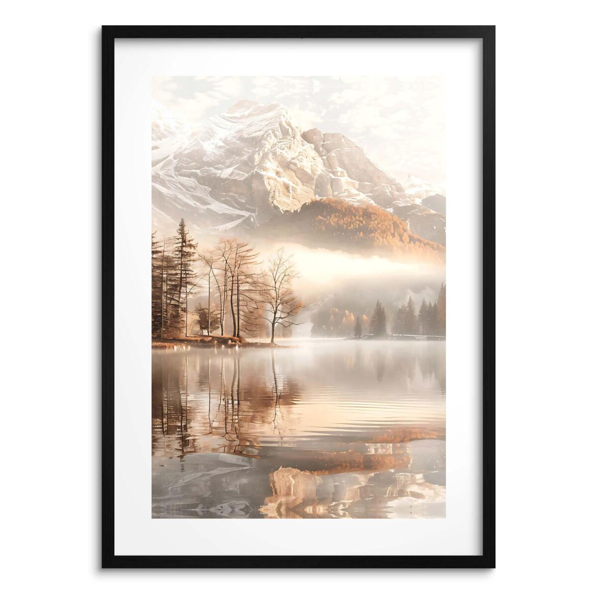 Plakat Góry i Jezioro- Zamglony Krajobraz w beżu i brązie 70x100cm 61771