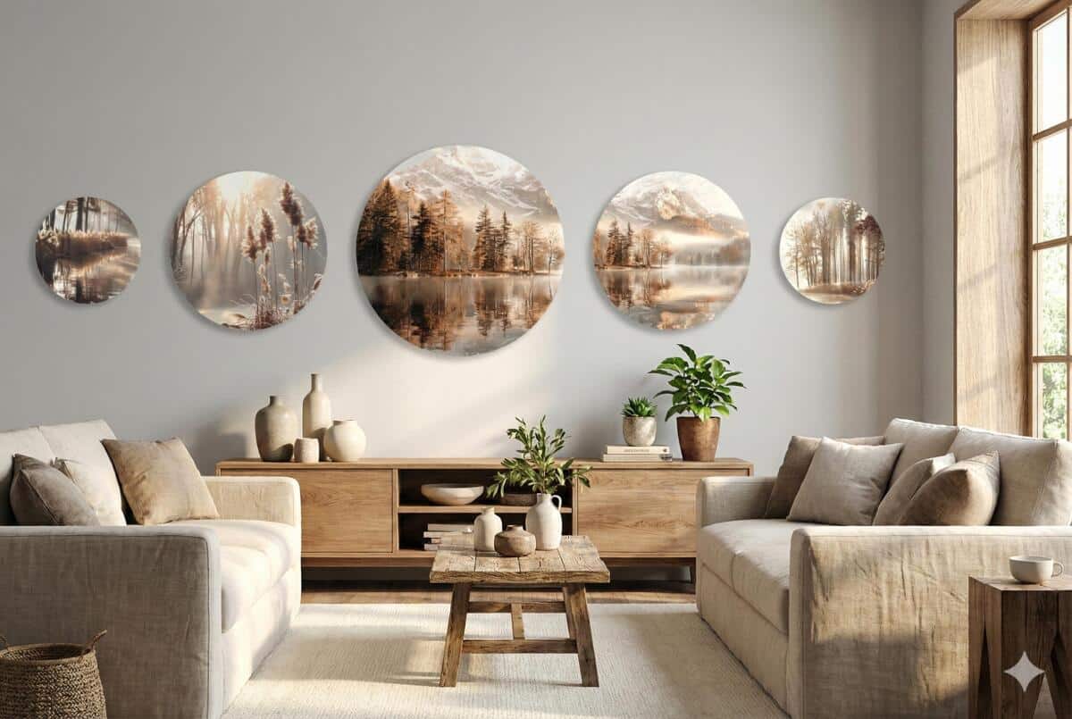 Nowoczesne Obrazy Koła – Krajobraz Jeziora i Lasu | Okrągłe Obrazy Boho 68239 - zdjęcie 7