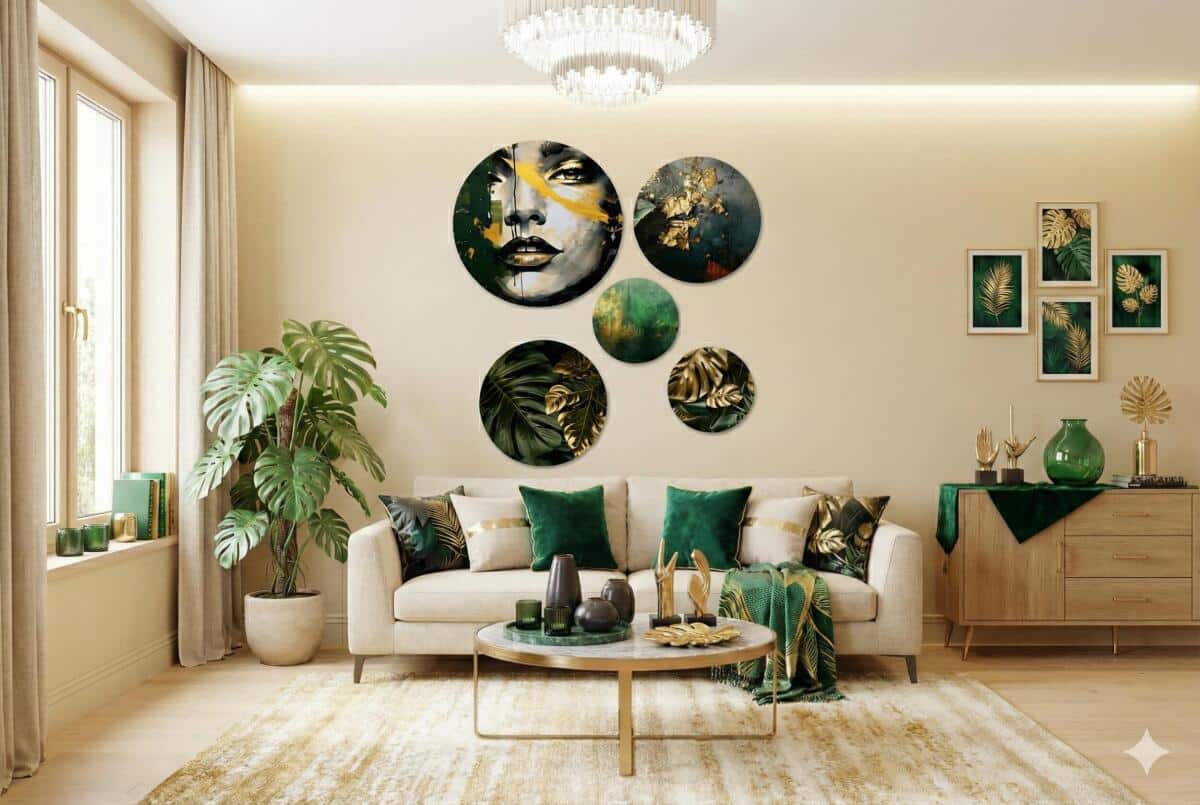 Ekskluzywne Obrazy Koła – Tropikalne Złote Liście i Abstrakcyjna Twarz | Zieleń i Złoto w stylu Glamour 68230 - zdjęcie 5