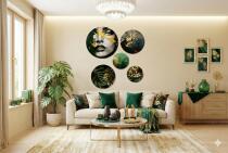 Ekskluzywne Obrazy Koła – Tropikalne Złote Liście i Abstrakcyjna Twarz | Zieleń i Złoto w stylu Glamour 68230 - miniaturka 5