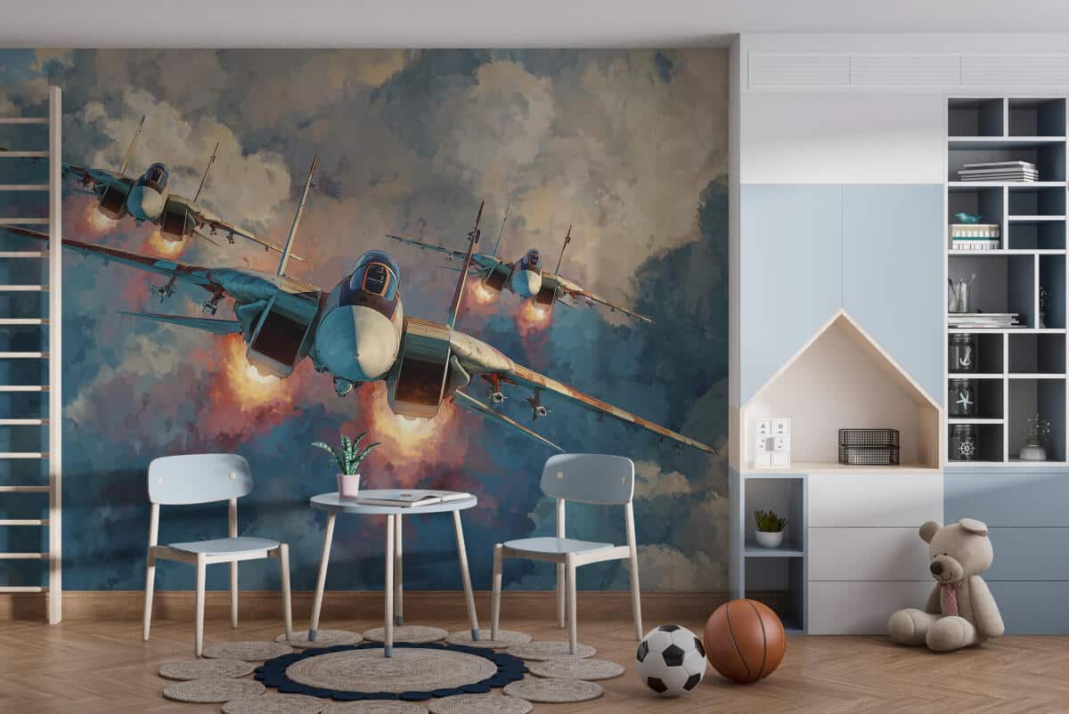 Akwarelowa fototapeta dla chłopca- Samoloty Odrzutowe, Myśliwce | Młodzieżowa Tapeta 3D 64246 - zdjęcie 4