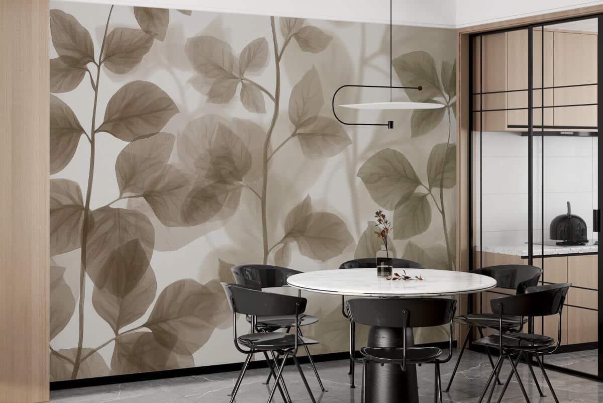 Elegancka Fototapeta do salonu i biura – Delikatne Liście i Gałązki w beżu i zieleni 64266