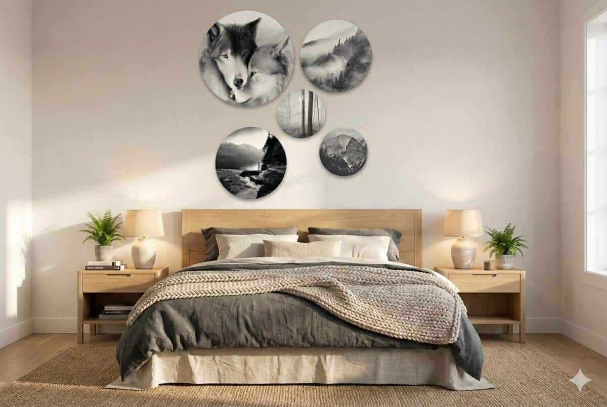 Nowoczesne Obrazy Koła – Wilki, Góry i Las we Mgle | Czarno-Biała Dekoracja w Stylu Skandynawskim 68228 - zdjęcie 7