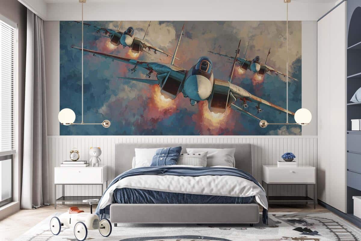 Akwarelowa fototapeta dla chłopca- Samoloty Odrzutowe, Myśliwce | Młodzieżowa Tapeta 3D 64246 - zdjęcie 1